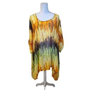 Womens Kaftan Tunic Top Size 2X Gold Abstract Art to Wear Bohemian Peasant